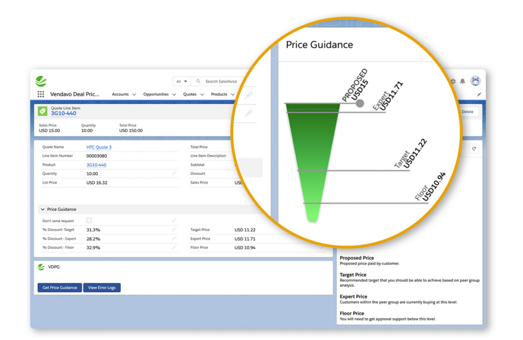 Screenshot of Vendavo's Intelligent Pricing Guidance Within Salesforce Interface