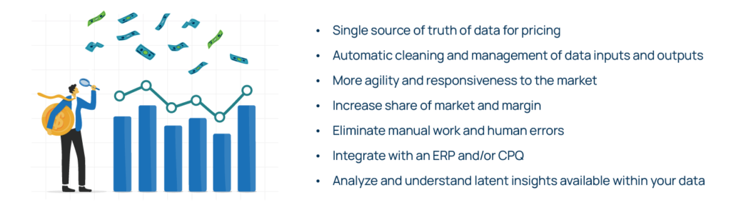 The benefits of a strong price management strategy:
1. Single source of truth of data for pricing
2. Automative cleaning and management of data inputs and outputs
3. More agility and responsiveness to the market
4. Increase share of market and margin
5. Eliminate manual work and human errors
6. Integrate with an ERP or CPQ
7. Analyze and understand latent insights available within your data
