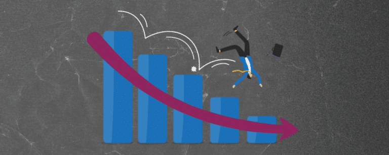 A bar graph decreasing from left to right with a businessman tumbling down it, to accompany an article about PPI Easing and whether Manufacturers and Distributors should Worry About Price Decreases