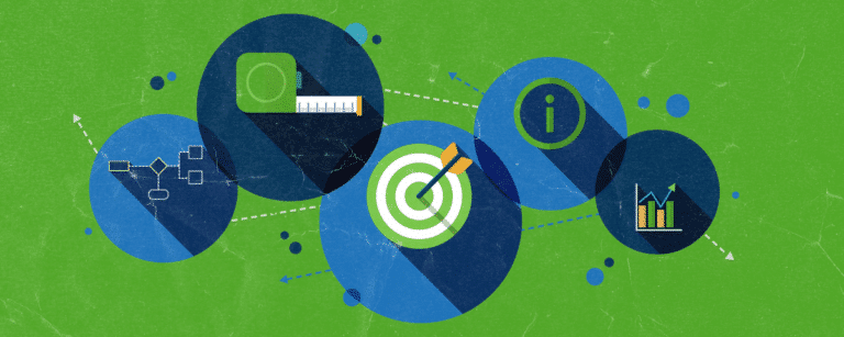 A green background with blue circles that contain business-type icons such as graphs, a bullseye and more to indicate value realization
