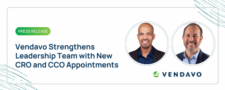 A white image with title of the press release and headshot images announcing Ron Gupta and Marcus Shutta as new c-suite members at Vendavo
